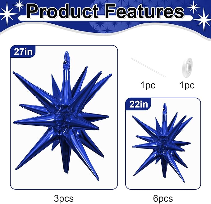 9Pcs Navy Blue Star Balloons, Large Explosion Star Foil Balloons, Metallic Blue - Image 2