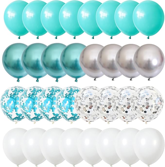 Teal Blue Silver Balloons, Aqua Blue White Silver - Image 8