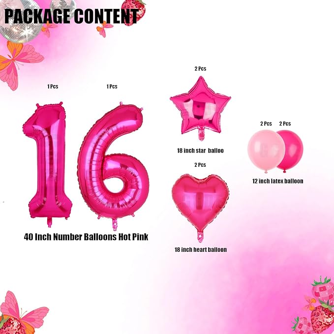 40 Inch Number Balloon Hot Pink 16 Set Pink Theme 16th Birthday Decor 10Pcs | - Image 2