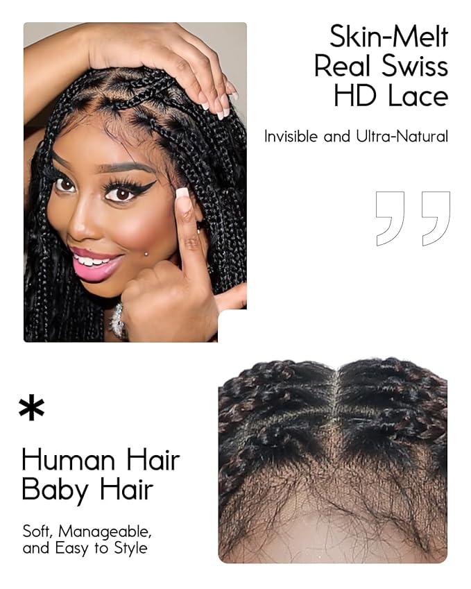 Human Hair Boho Curls Hand-Tied HD Full Lace Wig - 24" Salon-Level Small Box Synthetic Braids (100 Braids, High Density) Pre-Cut Swiss HD Lace, Pre-Plucked, Tangle-Free - 1B/27 Honey Blond