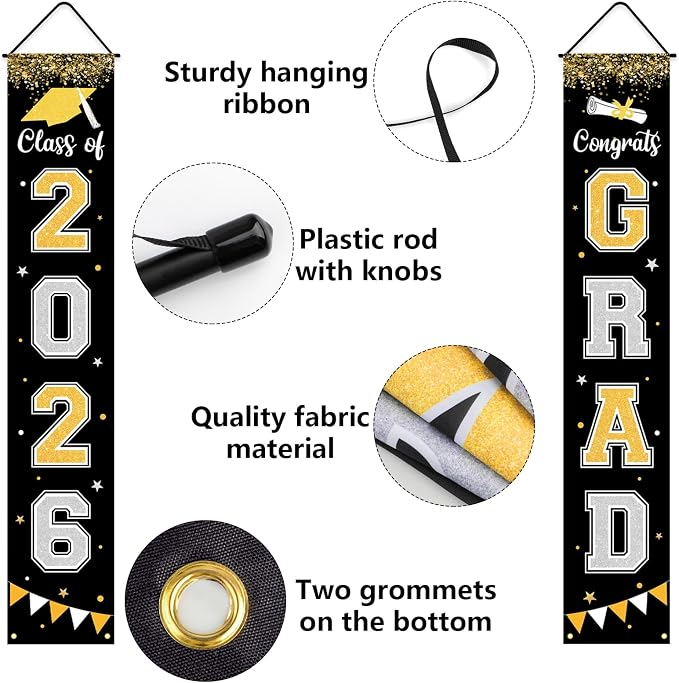Graduation Decorations 2026 GRAD Banner Black Porch Door Sign Welcome Banner - Image 3