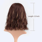 FAELBATY Short Brown Wig Highlight Gold Wigs With Bangs Women's Reddish Brown Mixed Blonde Bob Wig Curly Wavy Synthetic Cosplay Wig Shoulder Length Wig for Girl's Costume Wigs (12" 33/27)
