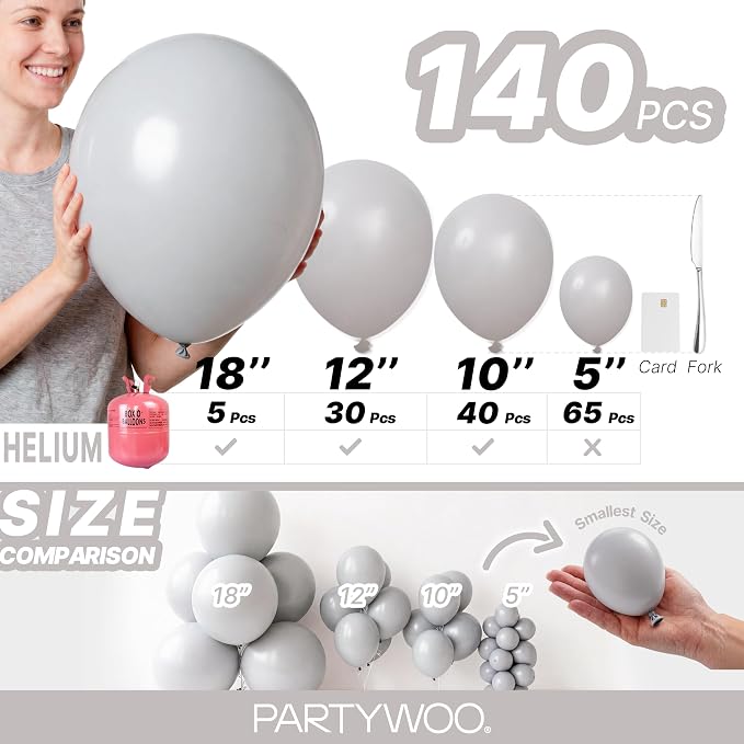 PartyWoo Gray Balloons 140pcs Matte Gray Latex Balloons Different Sizes | 18 12 - Image 6