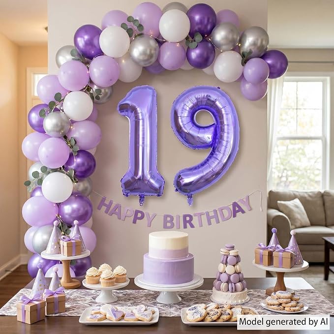 Purple Number 19 Balloon 40 Inch, Large Metallic Lavender Mylar Foil 19 Balloons - Image 3