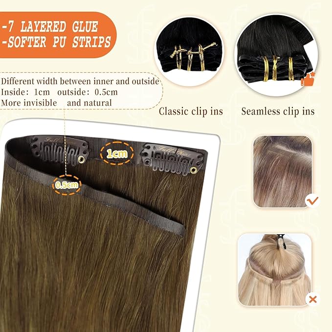 Full Shine Real Hair Extensions Clip in Human Hair Brown Balayage Seamless Clip in Hair Extensions Brown Ombre Platinum Blonde and Light Brown Remy Hair 18 Inch 8 PCS 120 G