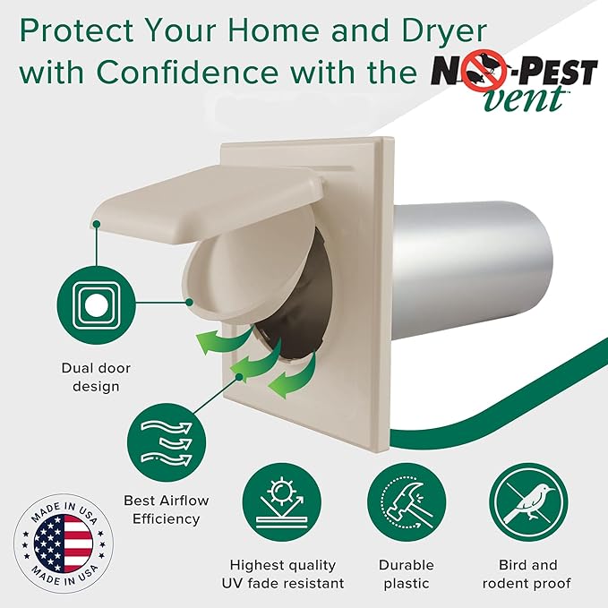 NO-PEST VENT, Exclusive Dual Door Dryer Vent Cover Outdoor 4 inch or Bathroom fan, Made in USA w Highest UV Resistant Plastic in any Outdoor Vent Cover (Tan, 4 inch W/O Duct Tube)