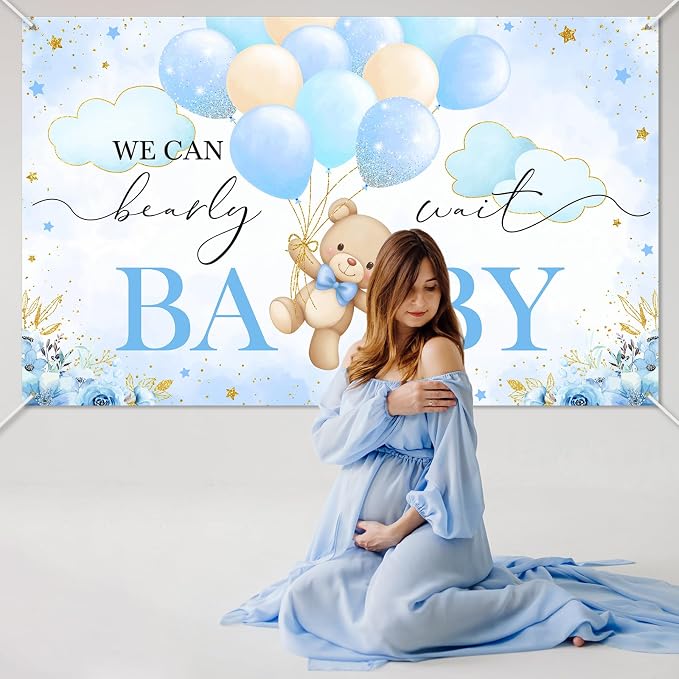 Mocsicka We Can Bearly Wait Backdrop Banner 6x3.6ft | Blue Balloons, Bear Baby - Image 5
