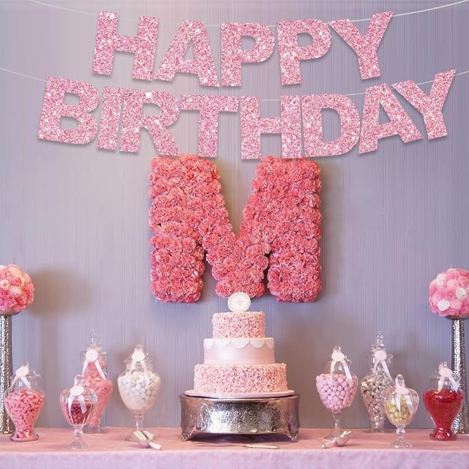 BEISHIDA Pre-Strung Glitter Pink Happy Birthday Banner Party Sign Decor | NO DIY - Image 6