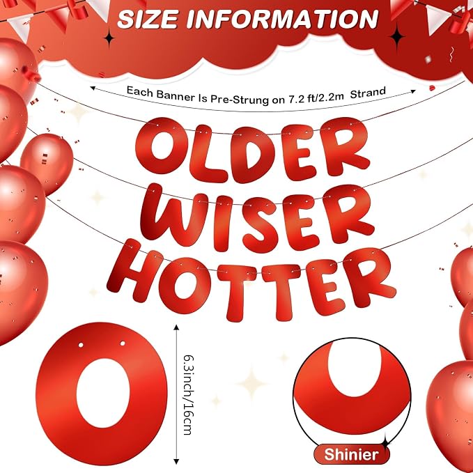 Fulmoon Set of 3 Pre Strung Older Wiser Hotter Glitter Banner Funny Birthday - Image 3
