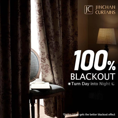 jinchan Red Floral Linen Blackout Curtains Lined 96 Inch Back Tab 2 Panels | - Image 2
