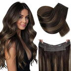 RUNATURE Wire Hair Extensions Real Human Hair 20 Inch 100g Thick Human Hair Extensions Balayage, Transparent Fish Line Extensions, Straight Smooth Natural Hair, Add Hair Volume #2/2/6
