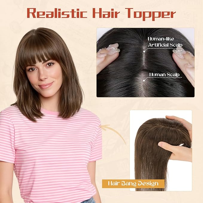 Rich Choices Human Hair Toppers for Women-100% Real Remy Hair Topper with 3D 360°Bang-Upgraded 150% Density 9 * 12CM Lace Base-Clip in Hairs topper for Thinning Hairs-12Inch #2 Dark Brown