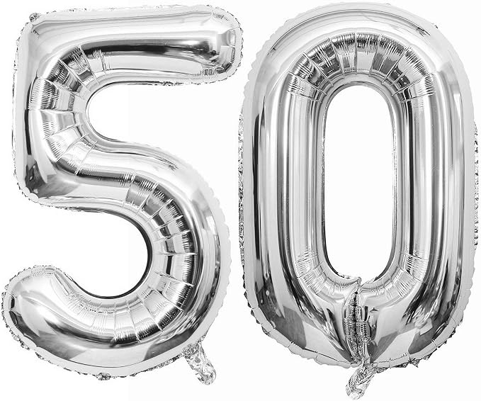 Silver 50 Number Balloons, 40 Inch Giant Number 50 Balloons Foil Mylar Helium by Lovoir
