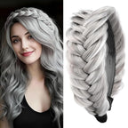 DIGUAN Wide Messy Braided Headband With Teeth Synthetic Hair Plaited Headband High Elasticity Braids Chunky Fishtail Braided Hair Band Hairpiece for Girls Women Beauty Accessory (Smoky Gray)