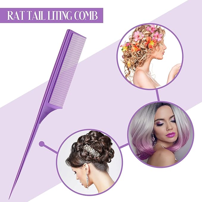 2 Pack Rat Tail Combs for Women Fine Tooth Comb Parting Tip Carbon Fiber Root Teasing Anti Static Heat Resistant Adding Volume Evening Hair Styling (Purple)