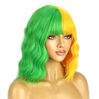BERON 14 Inches Green Yellow Wig for Women Girls Short Curly Wig Green Yellow Split Wig with Bangs