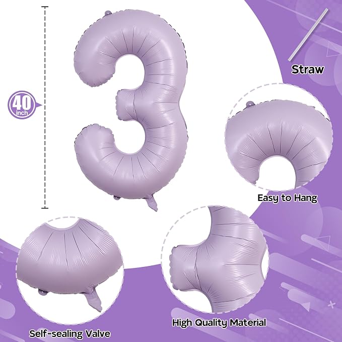 Large Dusty Pastel Purple 3 Balloons, 40 Inch Giant Light Purple Helium Mylar - Image 2