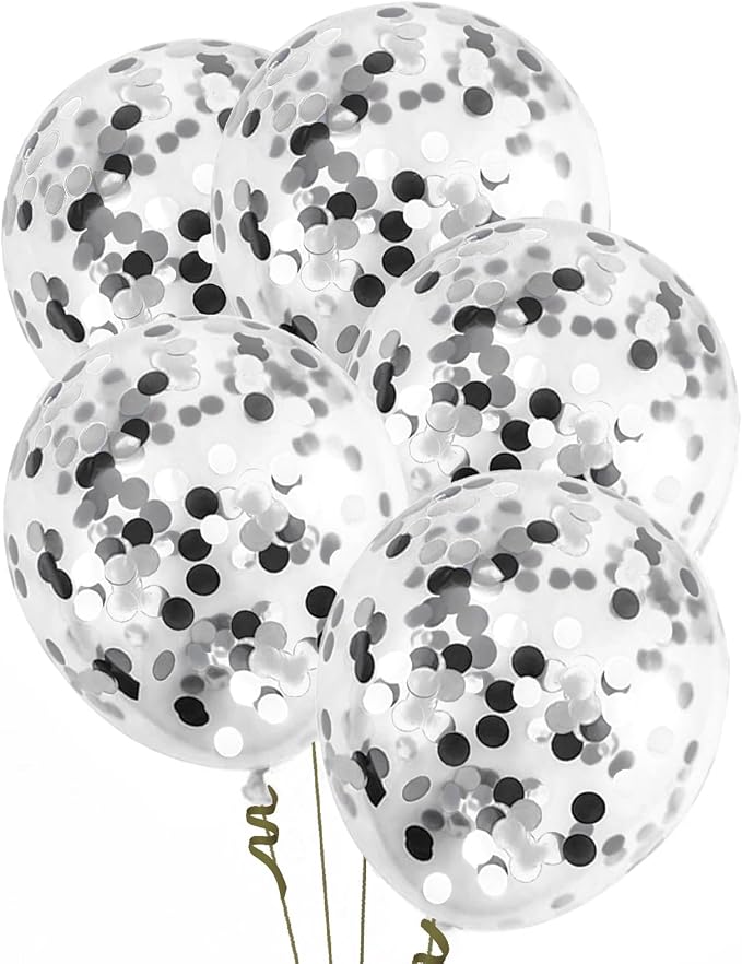 VHUWE Black Silver Confetti Balloons 25 Pcs, 12 Inch Thickened Clear Latex - Image 3