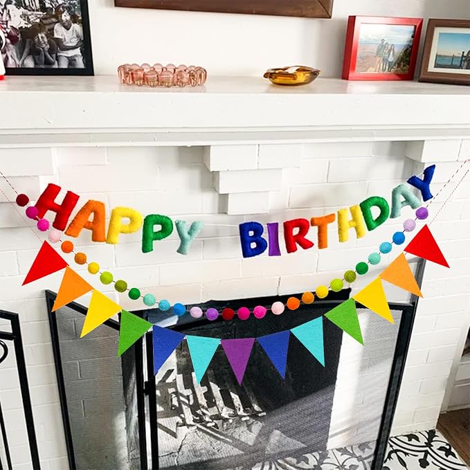 3 Pcs Pre-Strung Happy Birthday Banner, Felt Ball Garland, Pennant Triangle - Image 3
