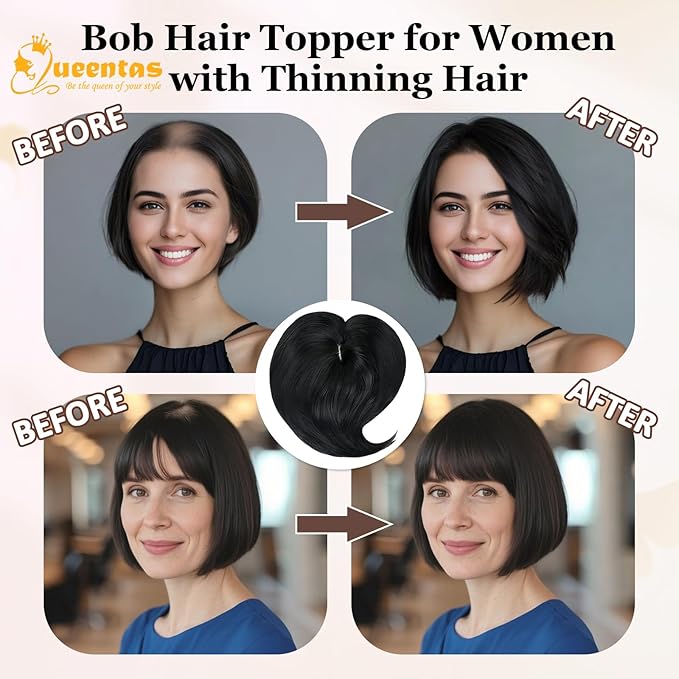 QUEENTAS Black Hair Topper for Women with Thinning Hair Pieces 6"*6"Large Coverage 360°3D Cover Silver Synthetic Short Bob with 5 Clips in Wiglets(Natural Black)