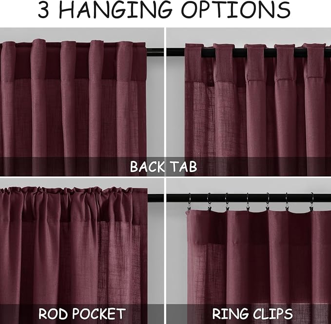 Burgundy Linen Curtains for Living Room 100 Inches Long Light Filtering Semi - Image 2