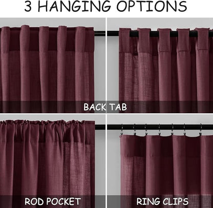 Burgundy Linen Curtains for Living Room 100 Inches Long Light Filtering Semi - Image 2