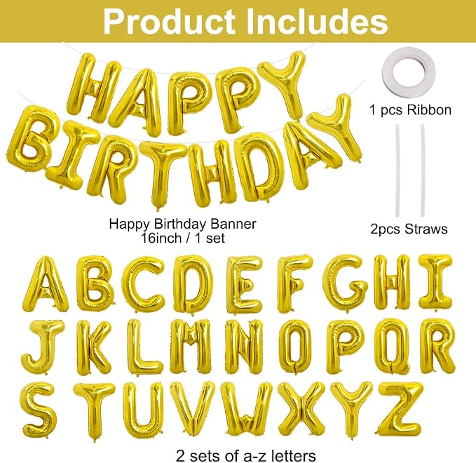 TONIFUL 65 Pcs 16 Inch Gold Happy Birthday Balloons and 2 Sets A-Z Foil Letters - Image 2