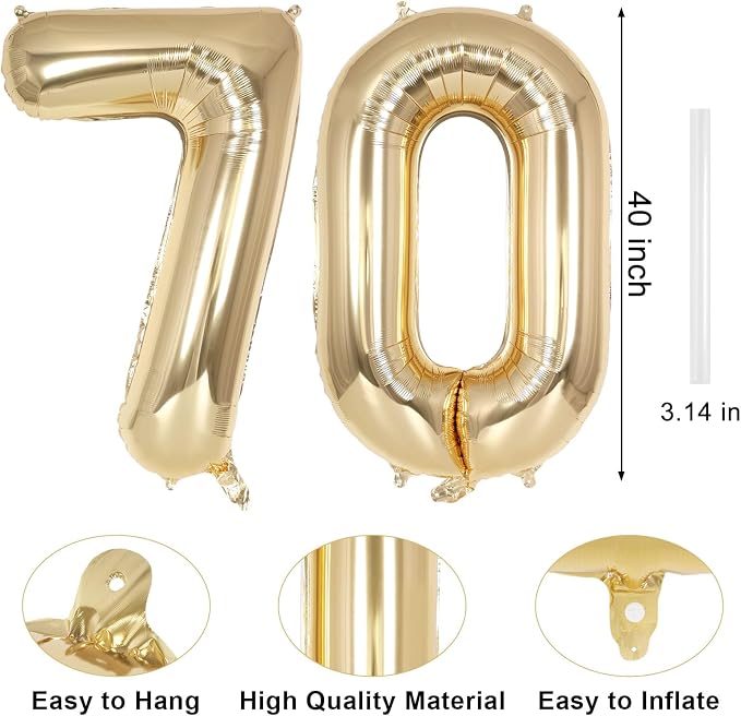 Champagne Gold Large Number 70 Balloon, 40 Inch Light Gold Foil Helium Number - Image 2