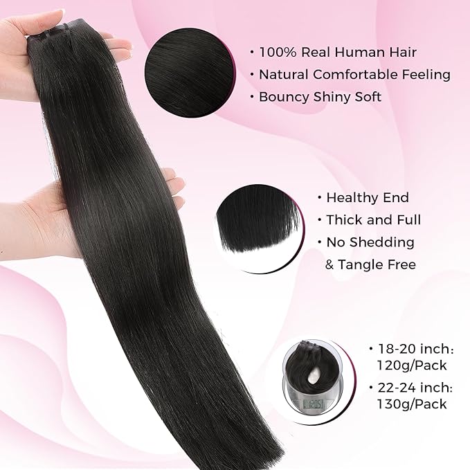 Lashey Seamless Clip in Hair Extensions Human Hair 130g 7pcs Straight Thick Remy Human Clip in Hair Extensions with Full End 24 Inch Natural Black