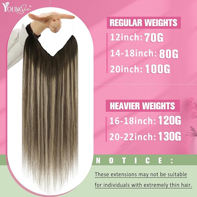 YoungSee 130G Wire Hair Extensions Human Hair Brown Balayage Wire Hair Extensions Real Human Hair Ombre Dark Brown with Ash Blonde Fish Line Extensions for Long Hair 22Inch