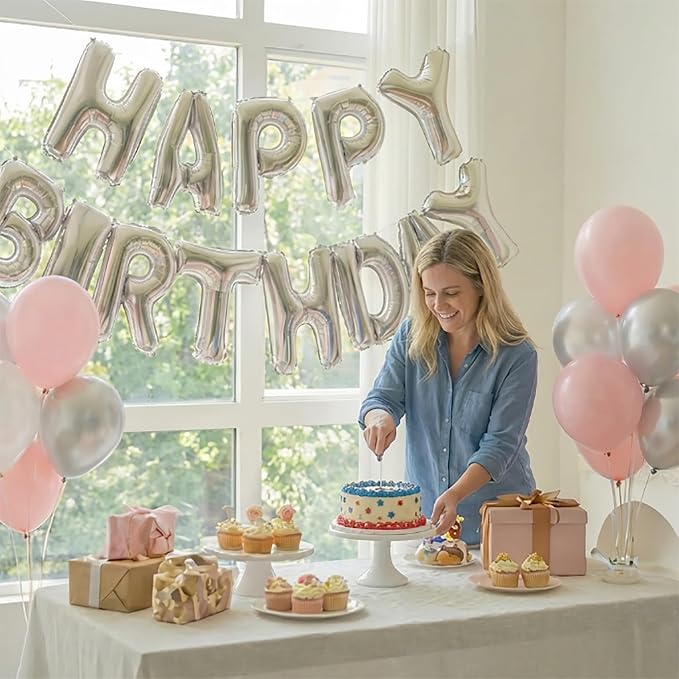 Silver Happy Birthday Banner Foil Letter Balloon, 14 Inch 3D Inflatable Party - Image 6