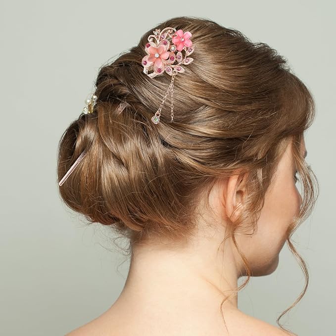 2 Pcs Chinese Hair Sticks, Rhinestone Flower Stick Retro Tassel Hair Pin Chinese Hair Chopsticks Vintage Hairpin Set for Women Wedding Accessories