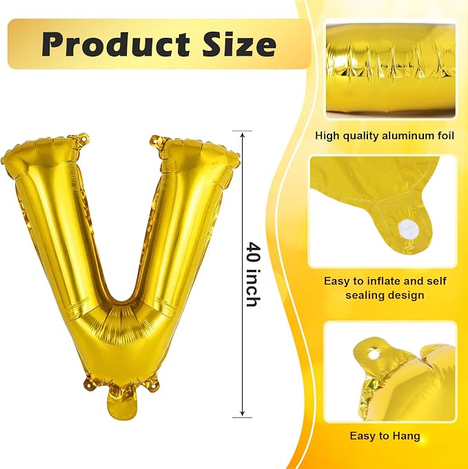 Gold Letter V Balloons, 40 Inch Large Foil Letter Balloons, Custom Phrase - Image 2