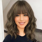 AISI HAIR Synthetic Wavy Curly Bob Wig with Bangs Brown mix Caramel Blonde Short Hair for Women Synthetic Heat Resistant Bob Wigs