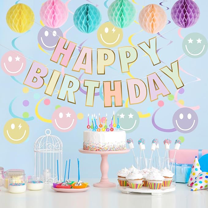 YEOCU Birthday Decorations, No DIY Pre-Strung Happy Birthday Banner | Pastel - Image 3