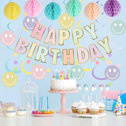 YEOCU Birthday Decorations, No DIY Pre-Strung Happy Birthday Banner | Pastel - Image 3