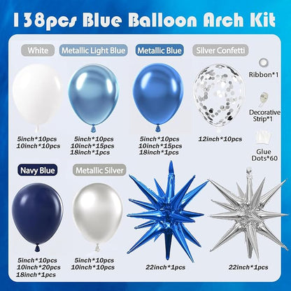 Blue Balloon Arch Kit 138Pcs Navy Blue White Metallic Blue Silver Confetti Star - Image 2