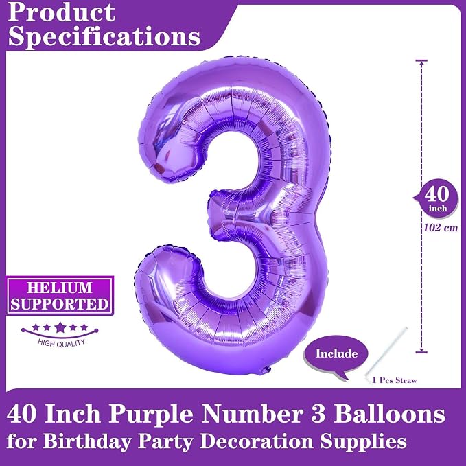 Purple Number 3 Balloons, 40 Inch Giant Number Balloons Foil Mylar Helium - Image 2