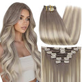 Full Shine Grey Clip in Human Hair Extensions 22 Inch Grey Mix Blonde Remy Natural Hair Extensions Straight Double Weft Hair Clip in Extensions 7 Pcs 120 G