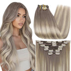 Full Shine Clip in Extensions Real Human Hair Grey to Blonde 20 Inch Balayage Grey Hair Extensions Real Human Hair Clip ins 7 Pcs 120 G
