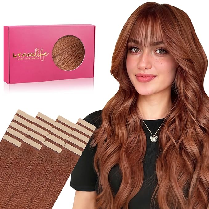 WENNALIFE Tape in Hair Extensions Human Hair, 20pcs 60g 26 inch Dark Auburn Copper Remy Hair Extensions Straight Human Hair Tape in Extensions Tape Ins Straight Extensiones De Cabello Humano