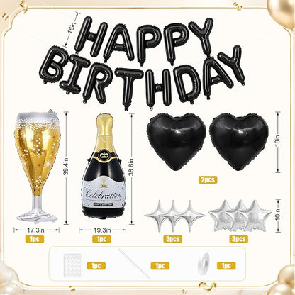 Black Happy Birthday Balloons Banner, Champagne Bottle Glass Balloon - Image 2