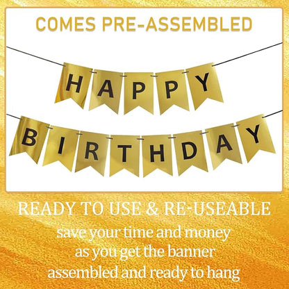 Gold Happy Birthday Banner, Pre-Strung Gold and Black Birthday Party Decorations - Image 2