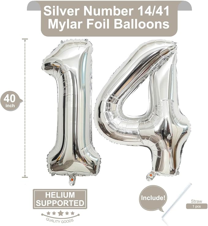 40 Inch Silver 14 Number Balloons Giant 14 or 41 Balloons Silver Birthday 14 - Image 2