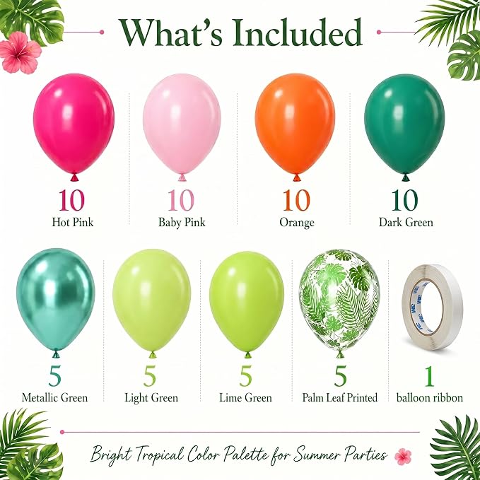 Tropical Balloons, Hot Pink Lime Green Orange Metallic Latex Balloon Palm - Image 2