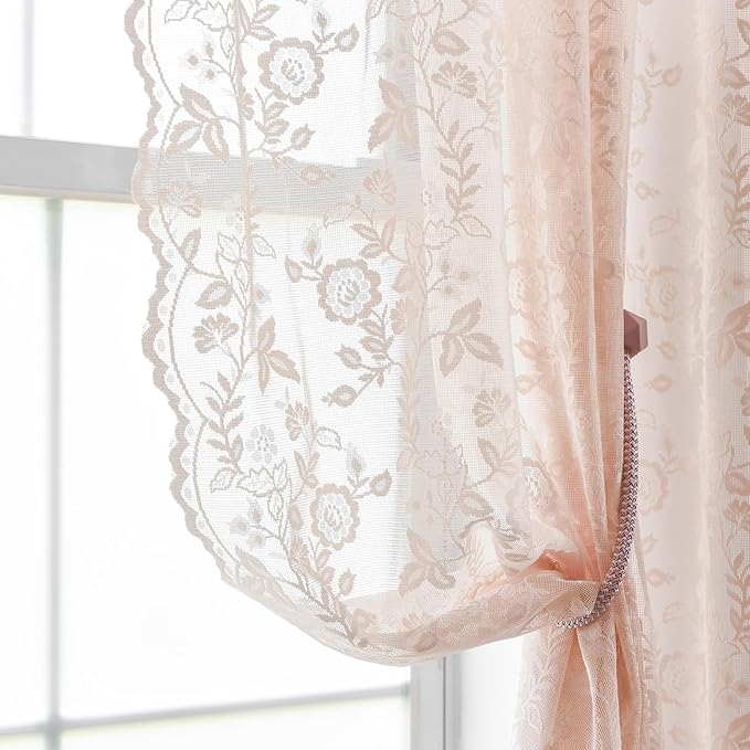 Blush Pink Floral Sheer Lace Curtains - Image 4