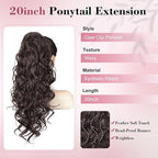 QGZ 20" Wavy Ponytail Extension, Claw Clip Ponytail Hair Extension, Natural Synthetic Hairpiece for Women Daily Use(Dark Brown)