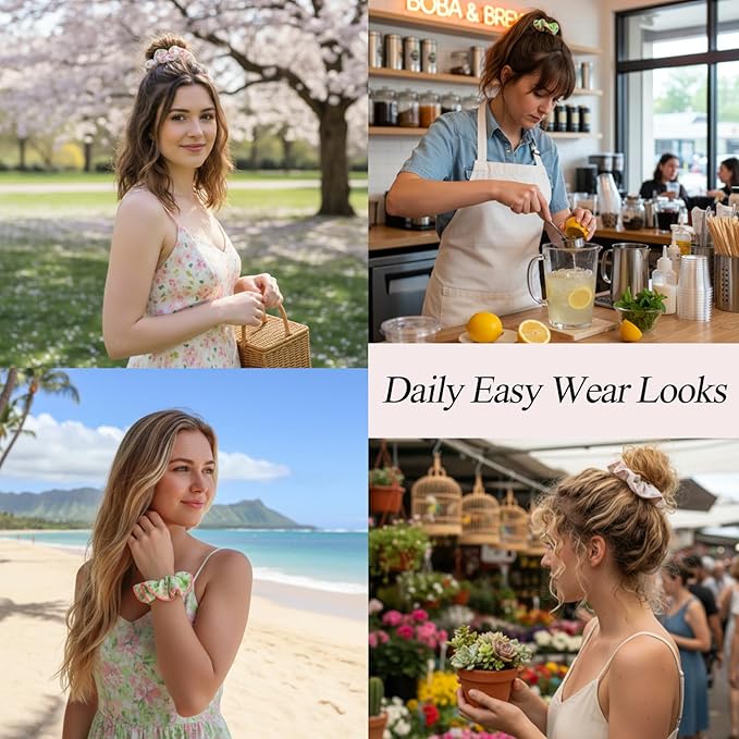 Flower Scrunchies for Women – Fabric Floral Hair Ties No Damage, Scrunchy for Ponytail or Bun, Stylish Hair Accessories – 4 Pcs