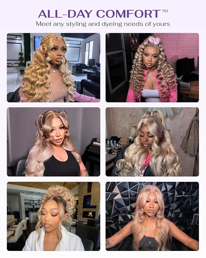 Hidden Strap Milk Tea Ash Blonde Wig Human Hair Body Wave 360 Lace Front Wig Human Hair Ombre Glueless Wigs Pre Bleached Bleached Knots 180% Density Drawstring HD Full Lace Wigs 30Inch