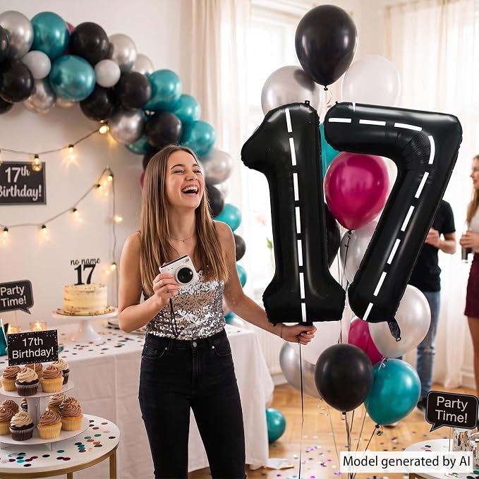 Black and White Stripes Number 17 Balloon 40 Inch, Road Style Numeral | Chic - Image 2